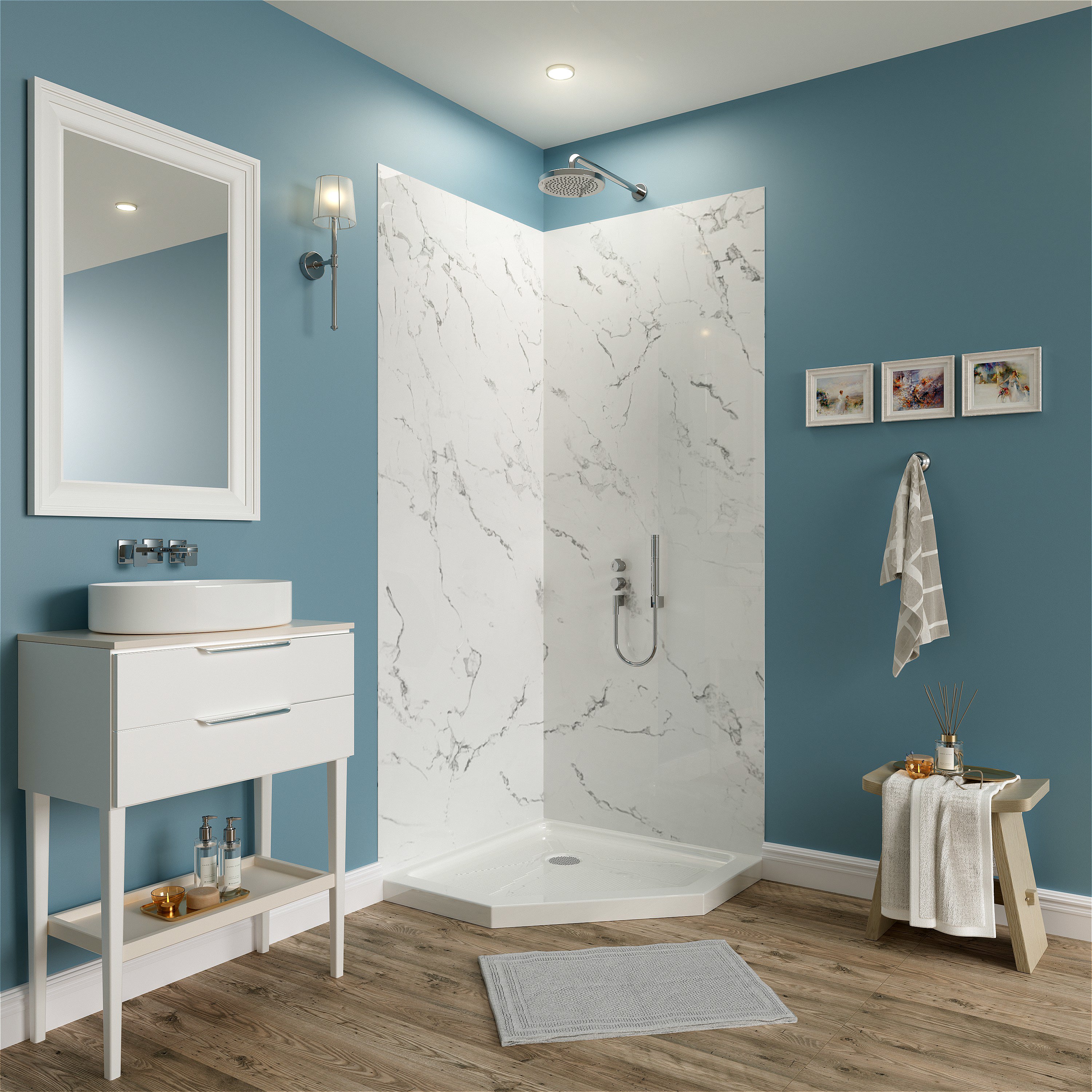 Jazz White Matte Acrylic Shower Wall Panels – 0.11in Thick, Includes Corner & Edge Trim, Waterproof & Low-Maintenance Bathroom Upgrade
