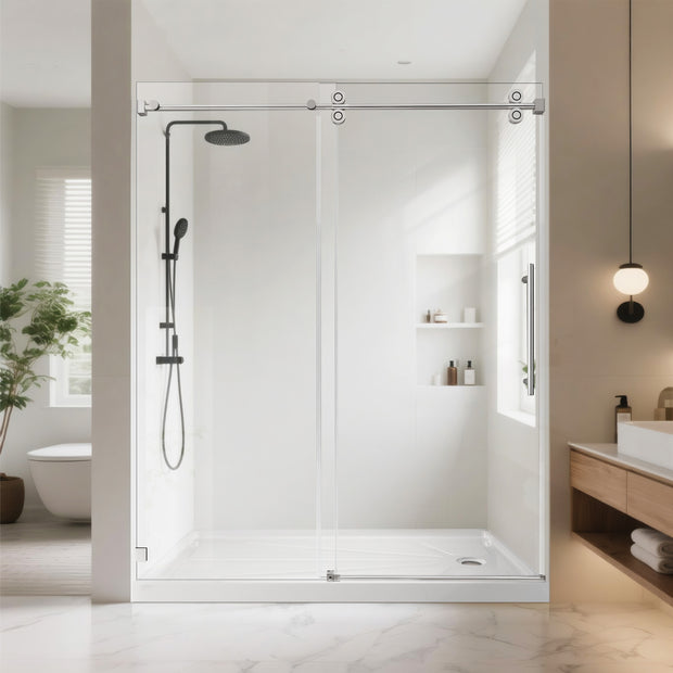 Frameless Single Sliding Shower Door, 3/8" ANSI Tempered Glass & Stainless Steel Towel Bar, Reversible Installation, Chrome