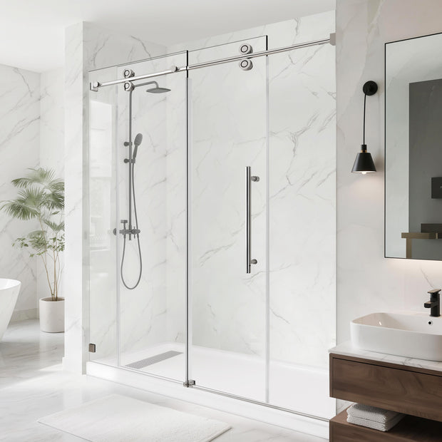 Frameless Single Sliding Shower Door, 3/8" ANSI Tempered Glass & Stainless Steel Towel Bar, Reversible Installation, Chrome