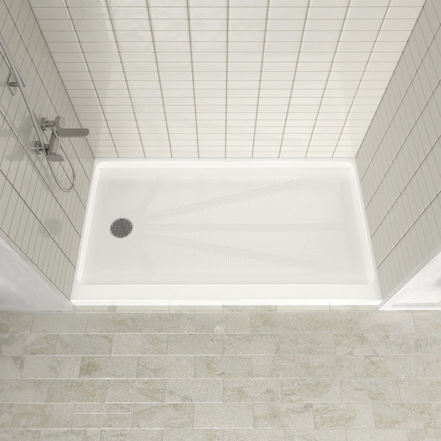 Single Threshold Shower Pan – Left Side Drain, Acrylic & Fiberglass Composite, Standard 2” Drain Compatible – White