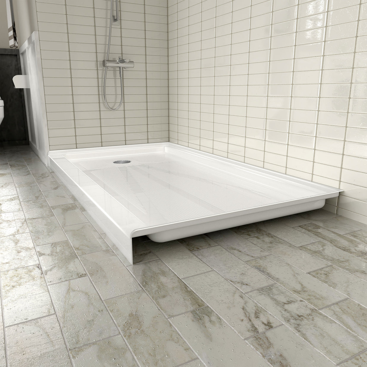 Single Threshold Shower Pan – Left Side Drain, Acrylic & Fiberglass Composite, Standard 2” Drain Compatible – White