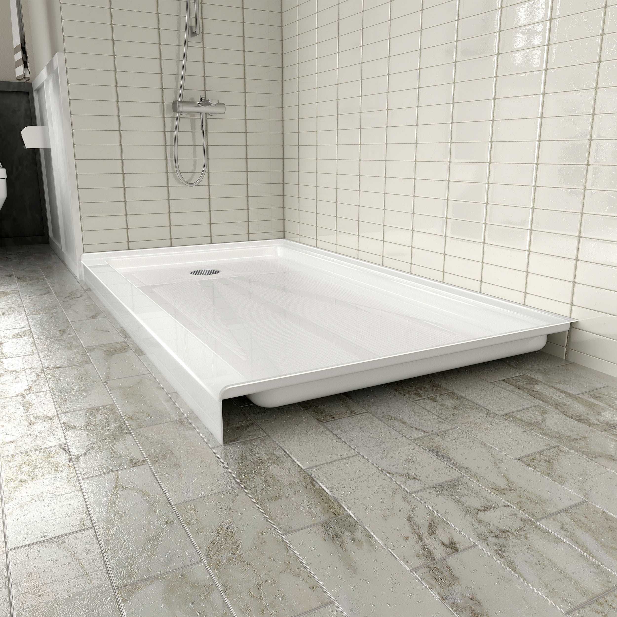 Single Threshold Shower Pan – Left Side Drain, Acrylic & Fiberglass Composite, Standard 2” Drain Compatible – White