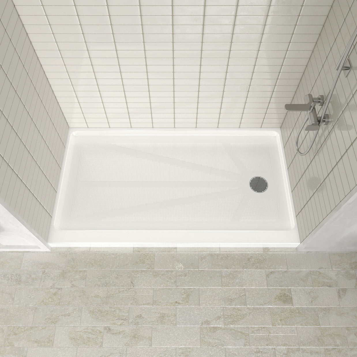 Single Threshold Shower Pan – Right Side Drain, Acrylic & Fiberglass Composite, Standard 2” Drain Compatible – White