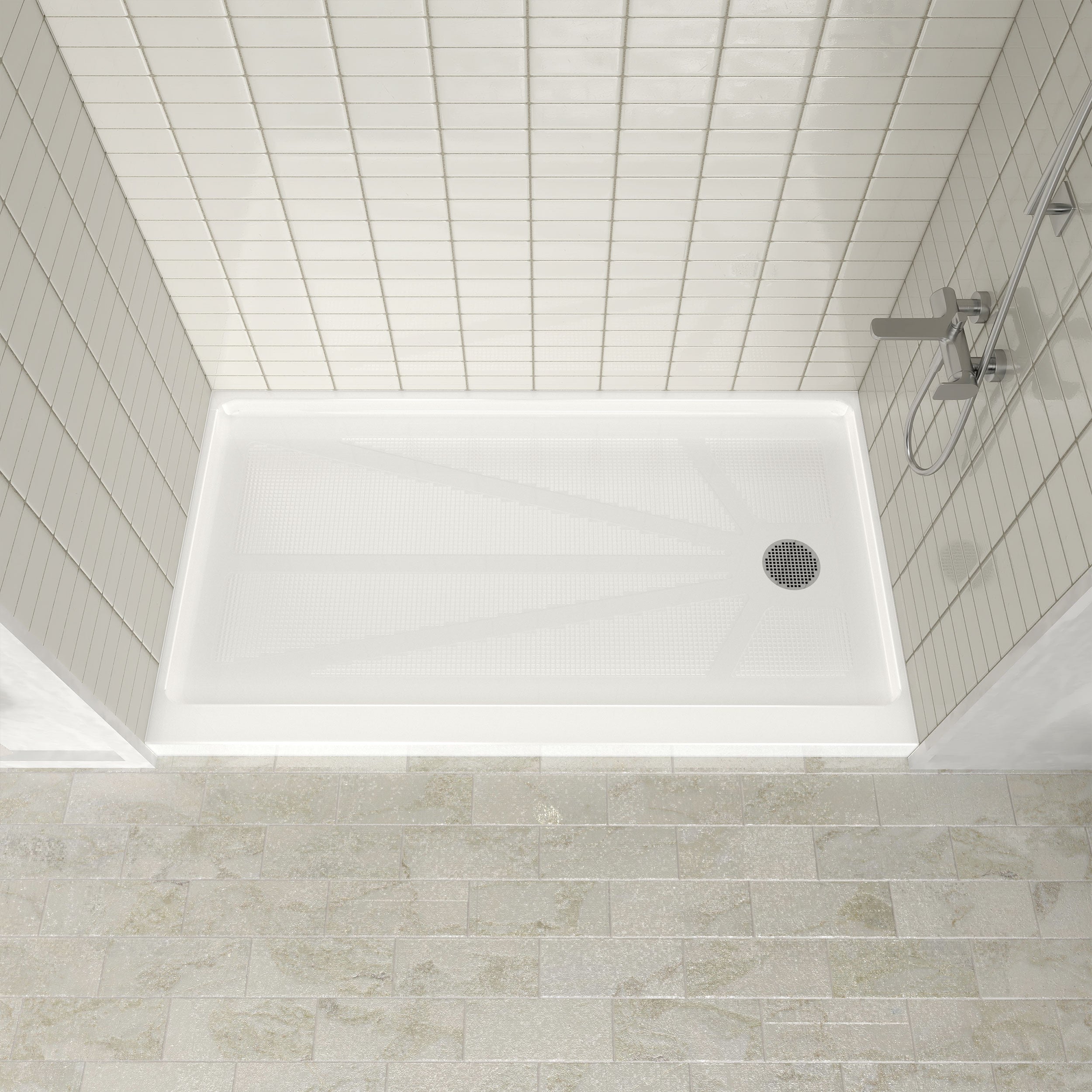 Single Threshold Shower Pan – Right Side Drain, Acrylic & Fiberglass Composite, Standard 2” Drain Compatible – White