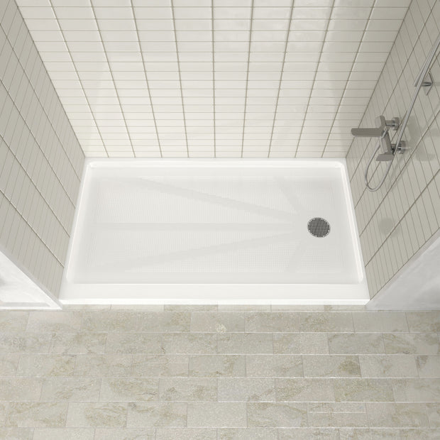 Single Threshold Shower Pan – Right Side Drain, Acrylic & Fiberglass Composite, Standard 2” Drain Compatible – White
