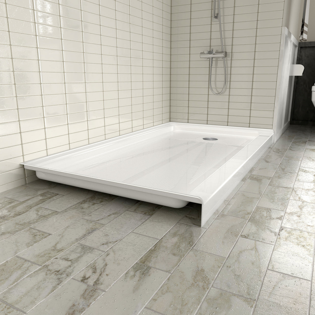 Single Threshold Shower Pan – Right Side Drain, Acrylic & Fiberglass Composite, Standard 2” Drain Compatible – White