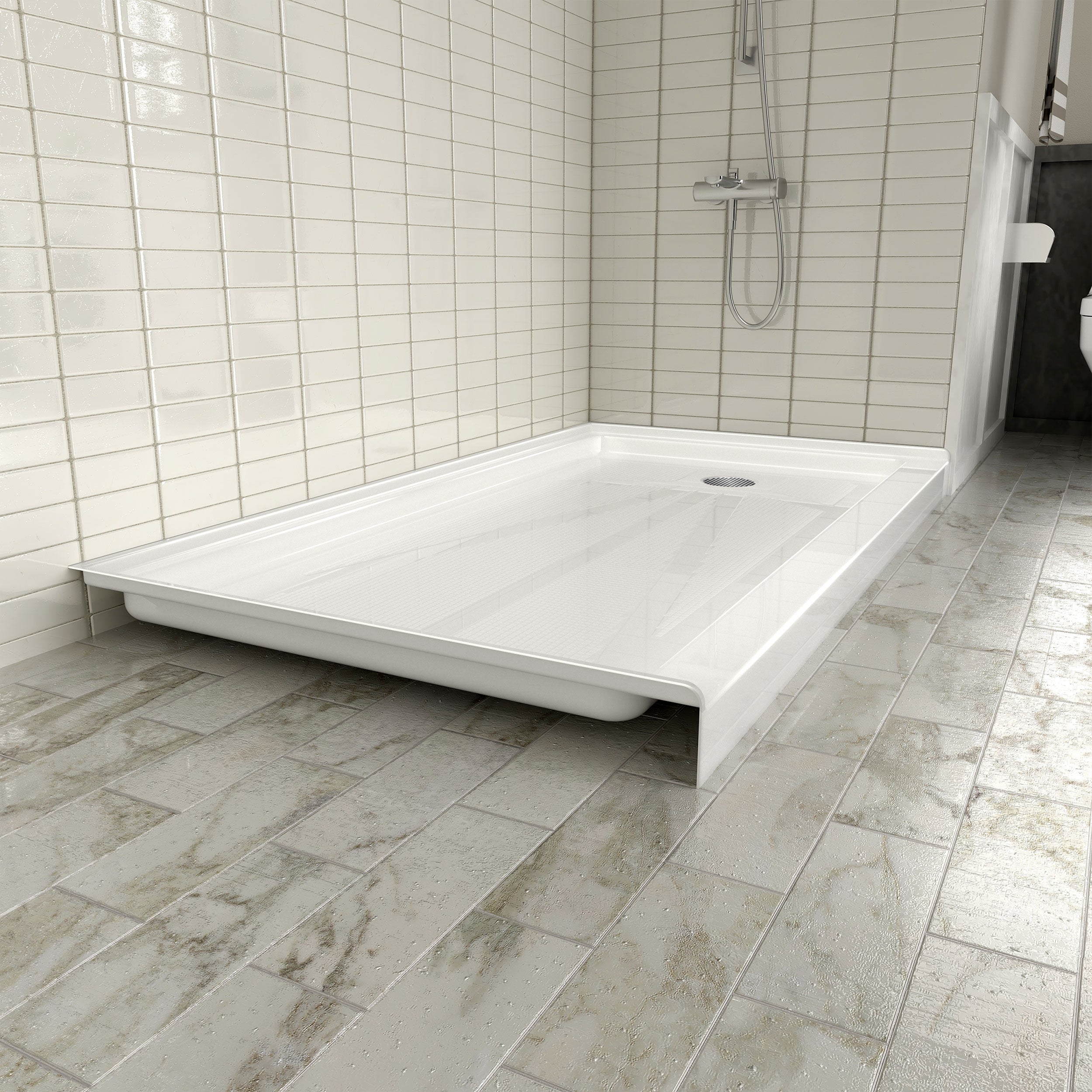 Single Threshold Shower Pan – Right Side Drain, Acrylic & Fiberglass Composite, Standard 2” Drain Compatible – White