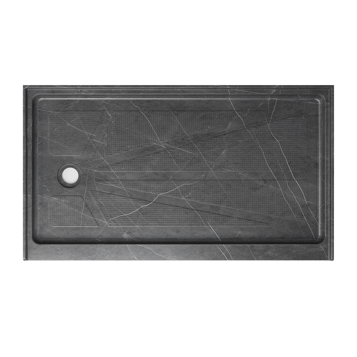 Single Threshold Shower Base – Left Side Drain, Acrylic & Fiberglass Composite, Standard 2” Drain Compatible – Gray Marble Look