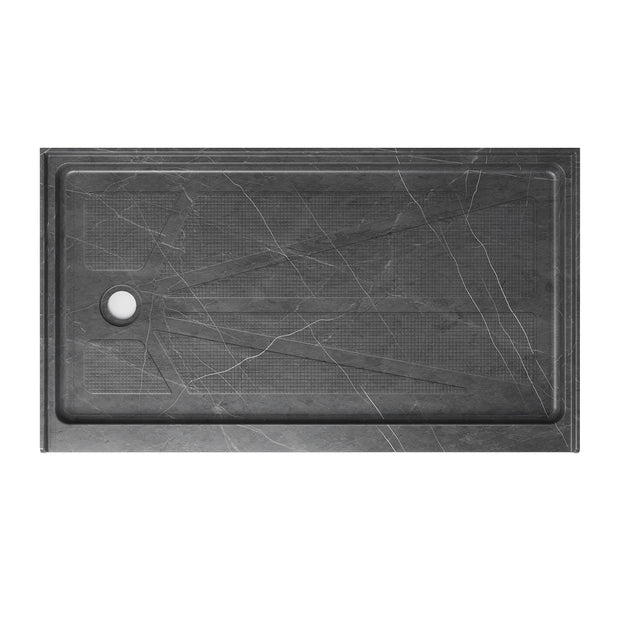 Single Threshold Shower Base – Left Side Drain, Acrylic & Fiberglass Composite, Standard 2” Drain Compatible – Gray Marble Look