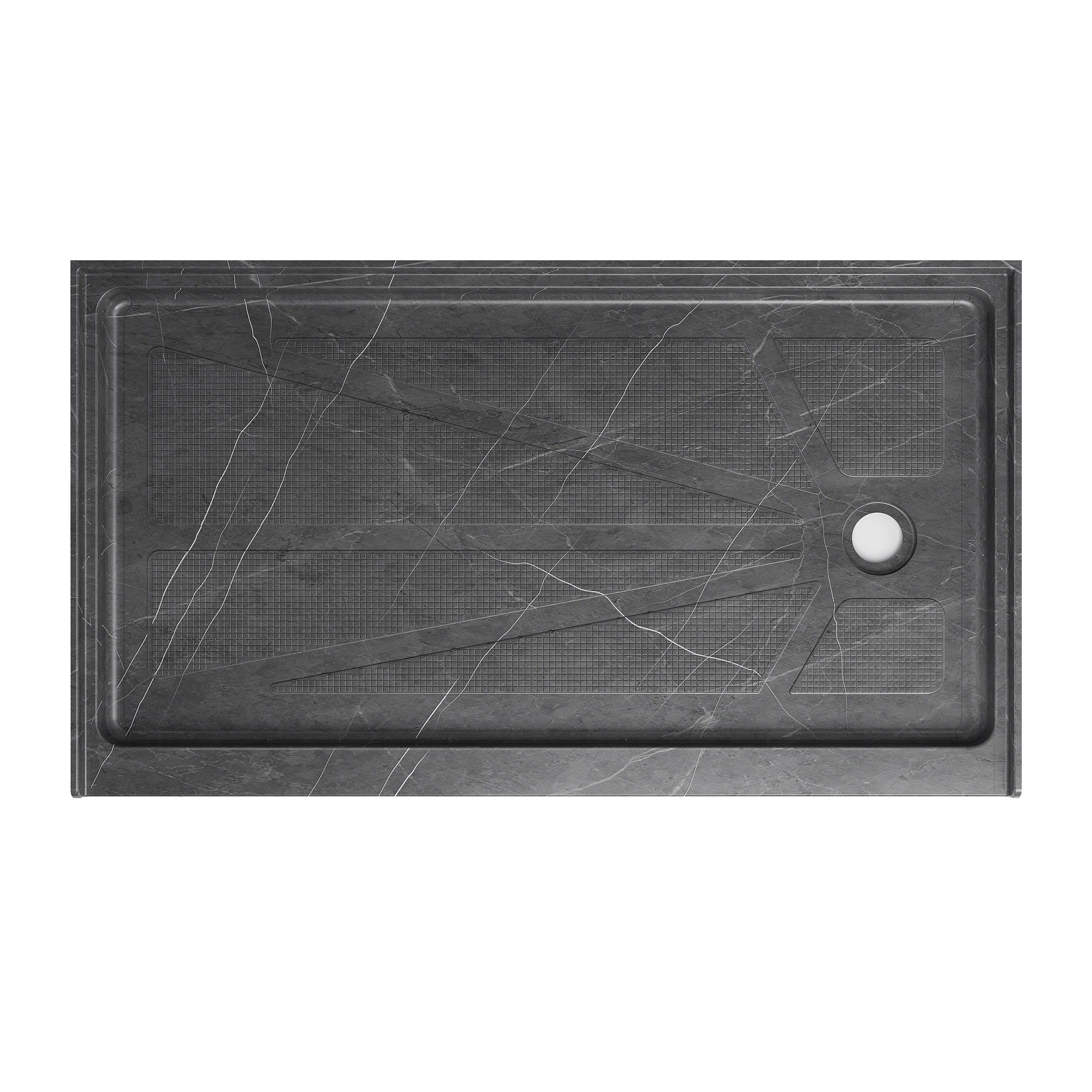 Single Threshold Shower Pan with Non-Slip Texture – Right Drain Acrylic and Fiberglass Shower Pan - Gray Marble Look