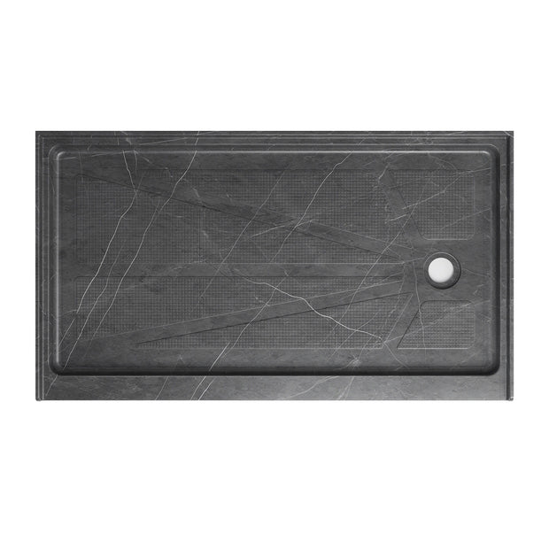 Single Threshold Shower Pan with Non-Slip Texture – Right Drain Acrylic and Fiberglass Shower Pan - Gray Marble Look