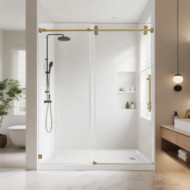 Frameless Single Sliding Shower Door, 3/8" ANSI Tempered Glass & Stainless Steel Towel Bar, Reversible Installation, Brushed Gold
