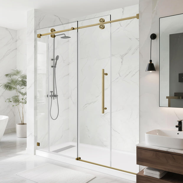 Frameless Single Sliding Shower Door, 3/8" ANSI Tempered Glass & Stainless Steel Towel Bar, Reversible Installation, Brushed Gold