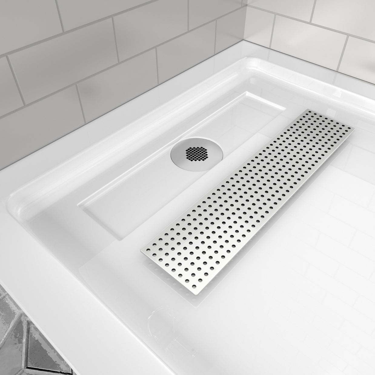 Shower Pan, with Linear Drain Cover and Reversible Drain, Pre-Sloped Acrylic and Fiberglass Shower Base with Removable Flanges, White