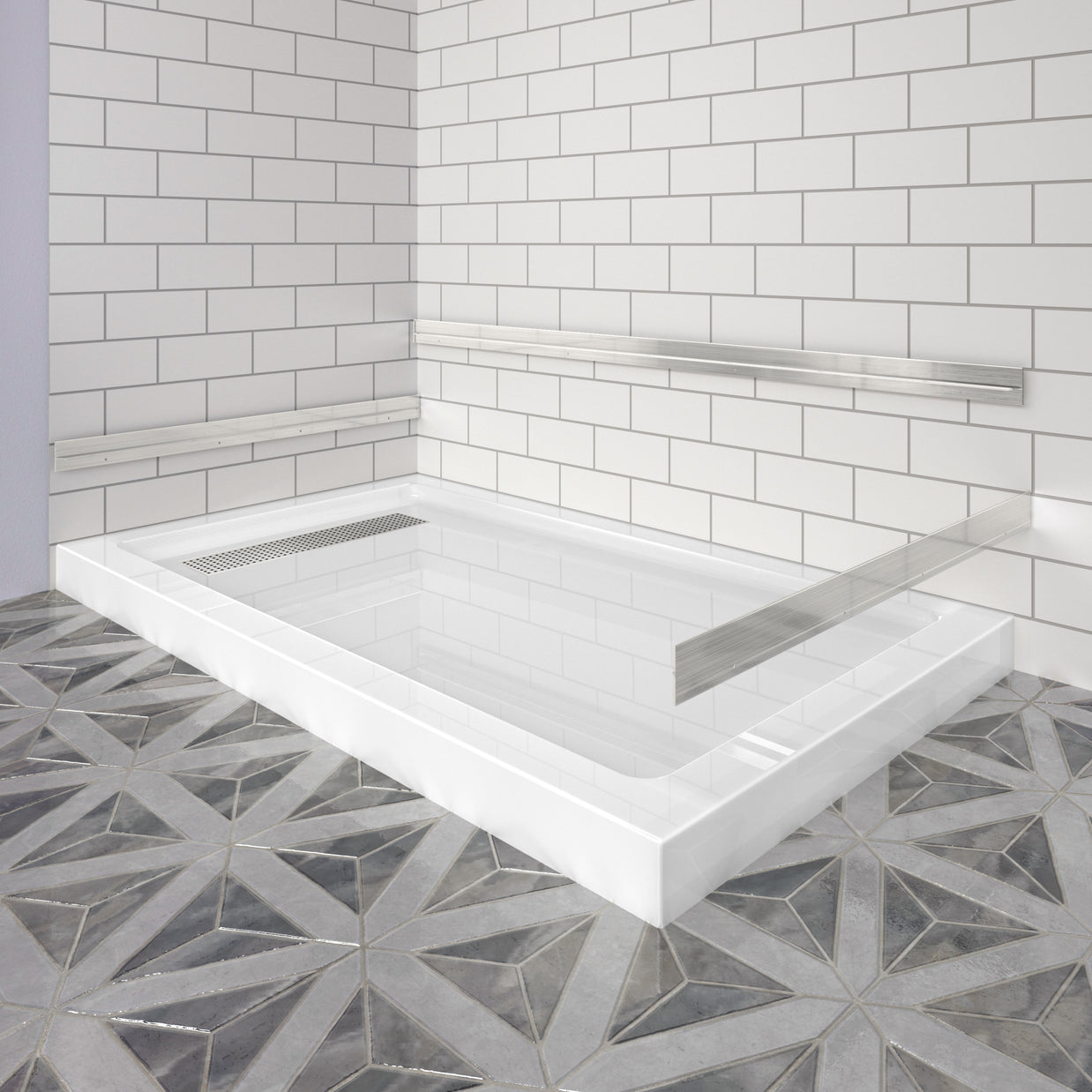 Shower Pan, with Linear Drain Cover and Reversible Drain, Pre-Sloped Acrylic and Fiberglass Shower Base with Removable Flanges, White