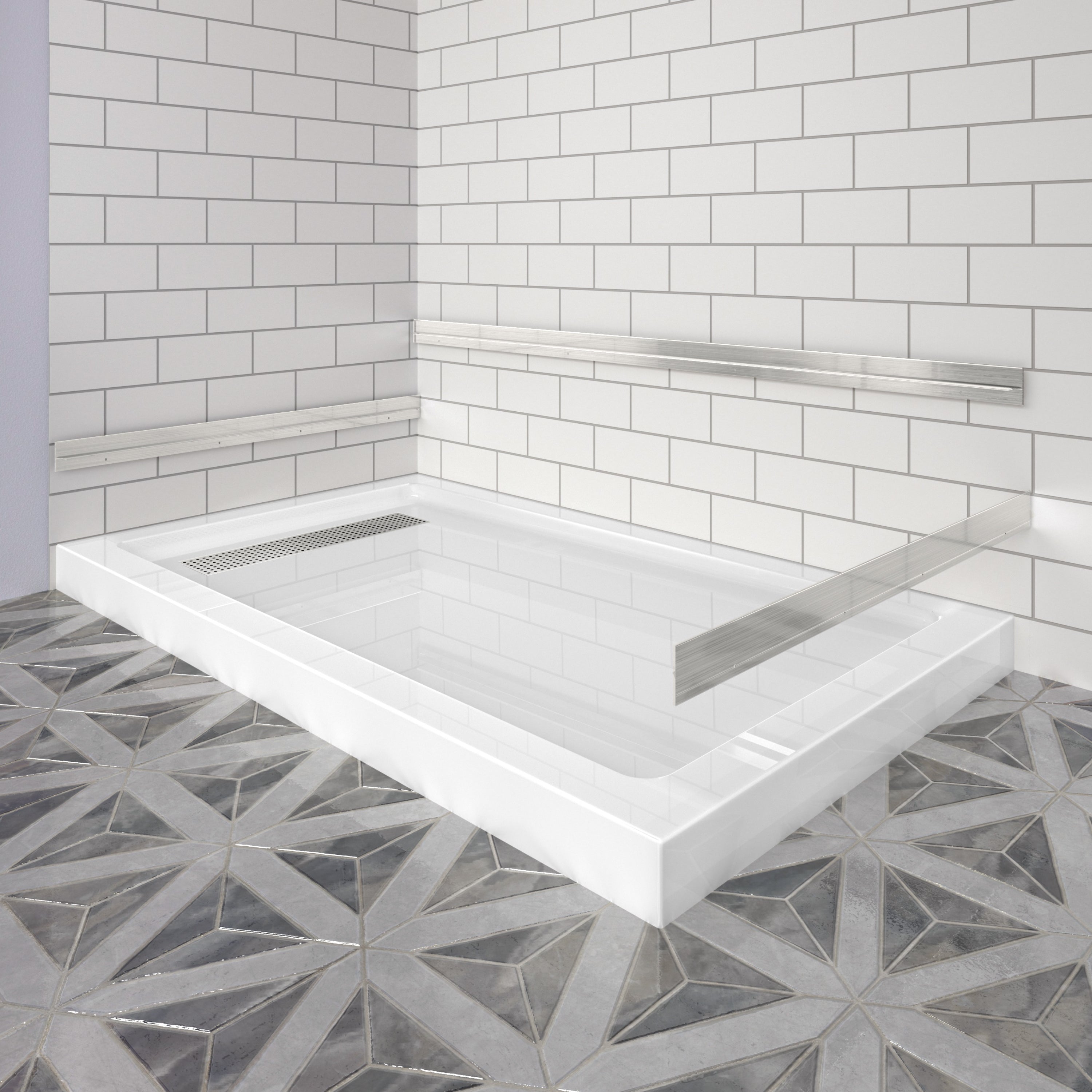 Shower Pan, with Linear Drain Cover and Reversible Drain, Pre-Sloped Acrylic and Fiberglass Shower Base with Removable Flanges, White