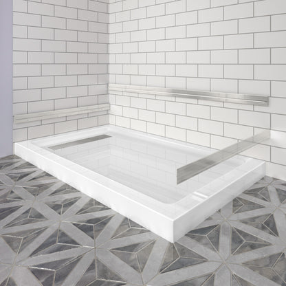 Shower Pan, with Linear Drain Cover and Reversible Drain, Pre-Sloped Acrylic and Fiberglass Shower Base with Removable Flanges, White